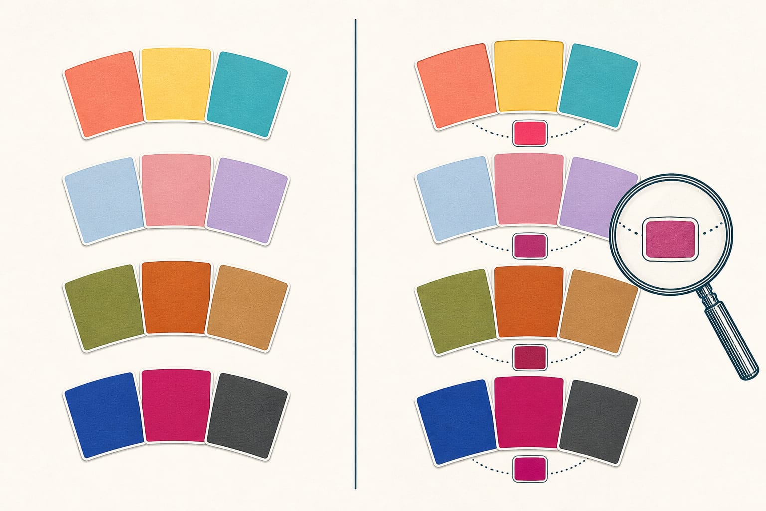 Side-by-side diagram: twelve seasonal color swatches arranged in four groups, compared with the same swatches plus four smaller magenta refinement swatches and a magnifying glass.