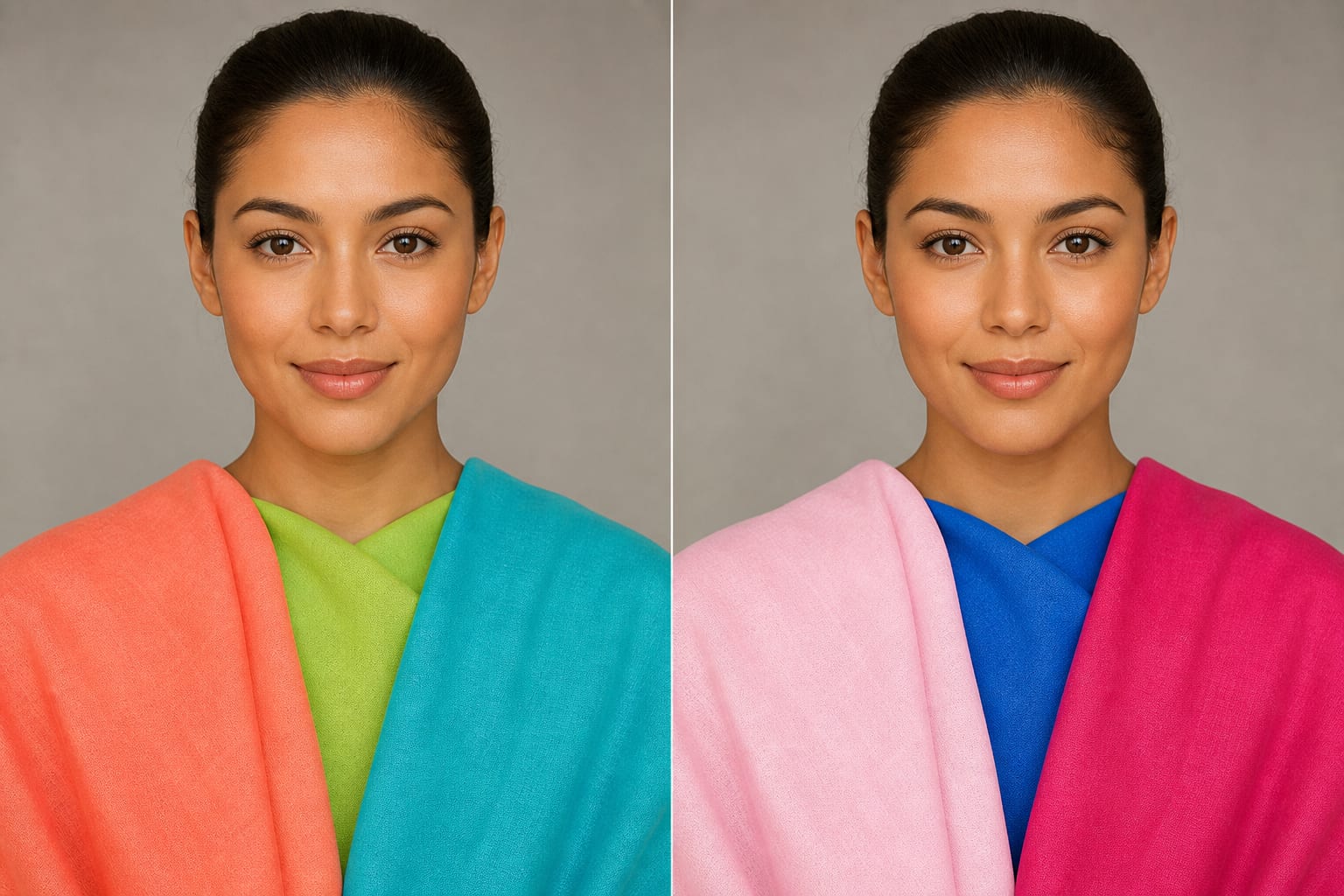Illustrated side-by-side fabric groups: clear coral, lime, and turquoise, then icy pink, cobalt, and magenta. Not a personal draping result.