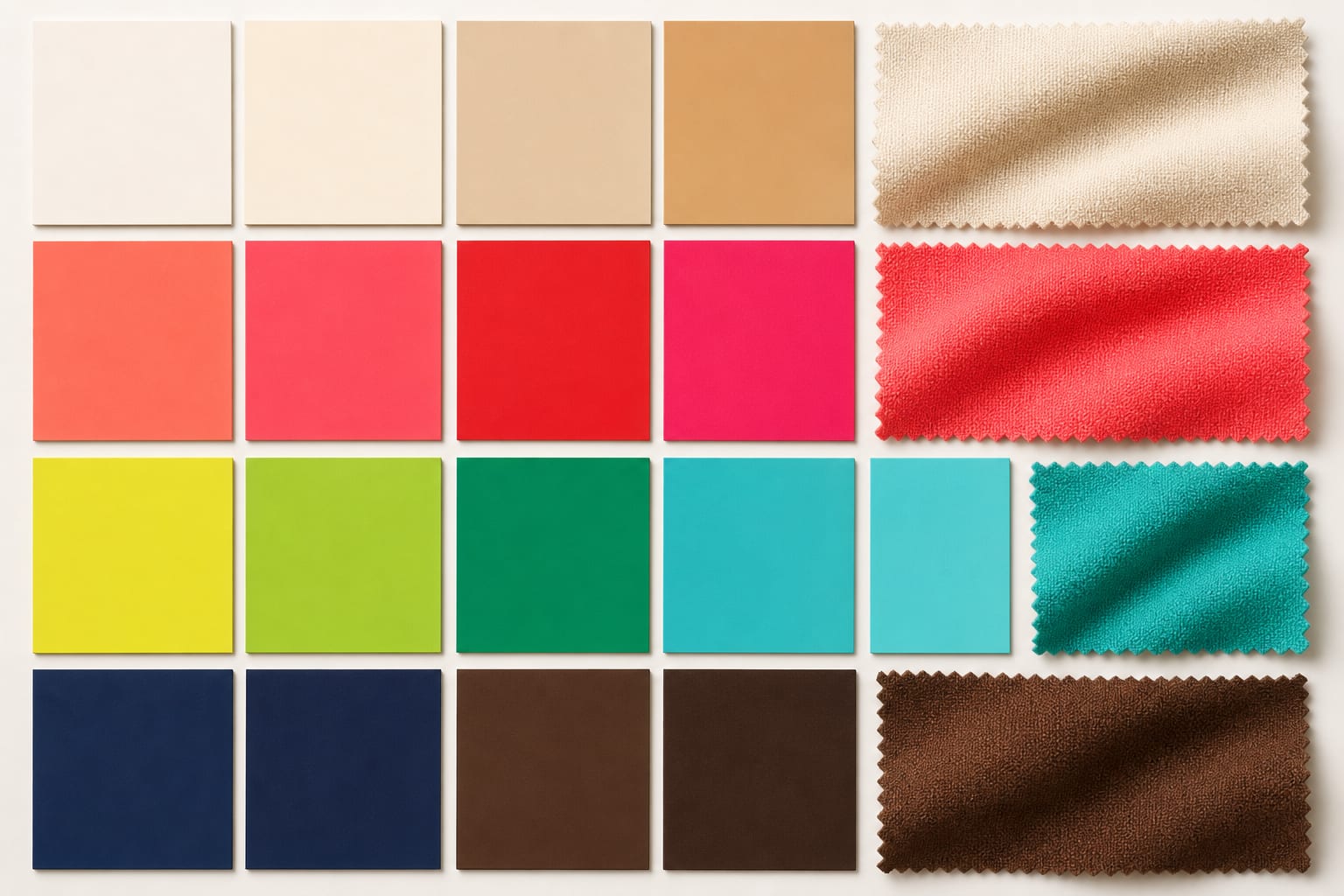 Bright Spring palette board with clear ivory, coral and pink, lime and turquoise, warm navy, and bright chocolate colour families.