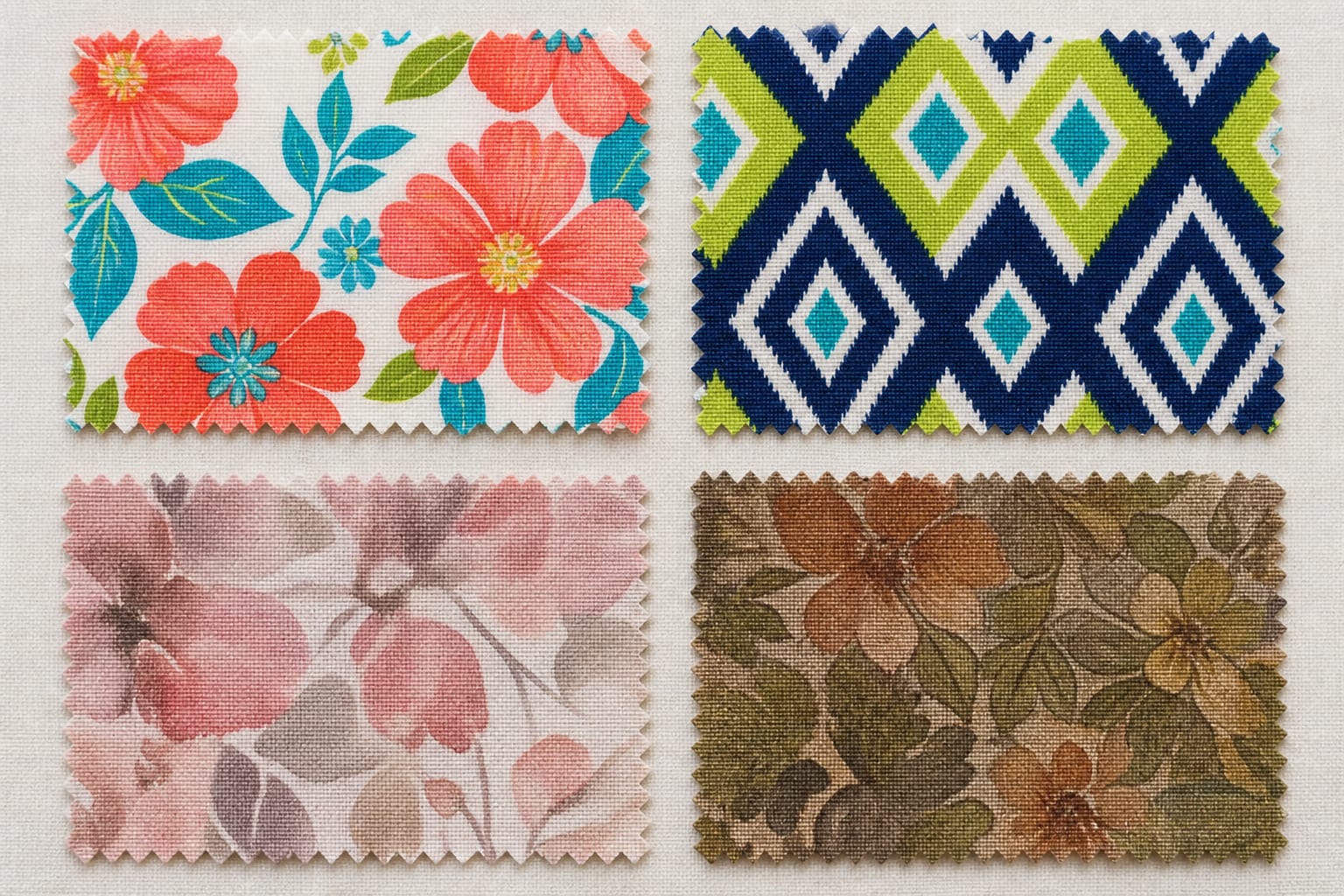 Bright Spring print examples with crisp saturated patterns and muted alternatives to avoid
