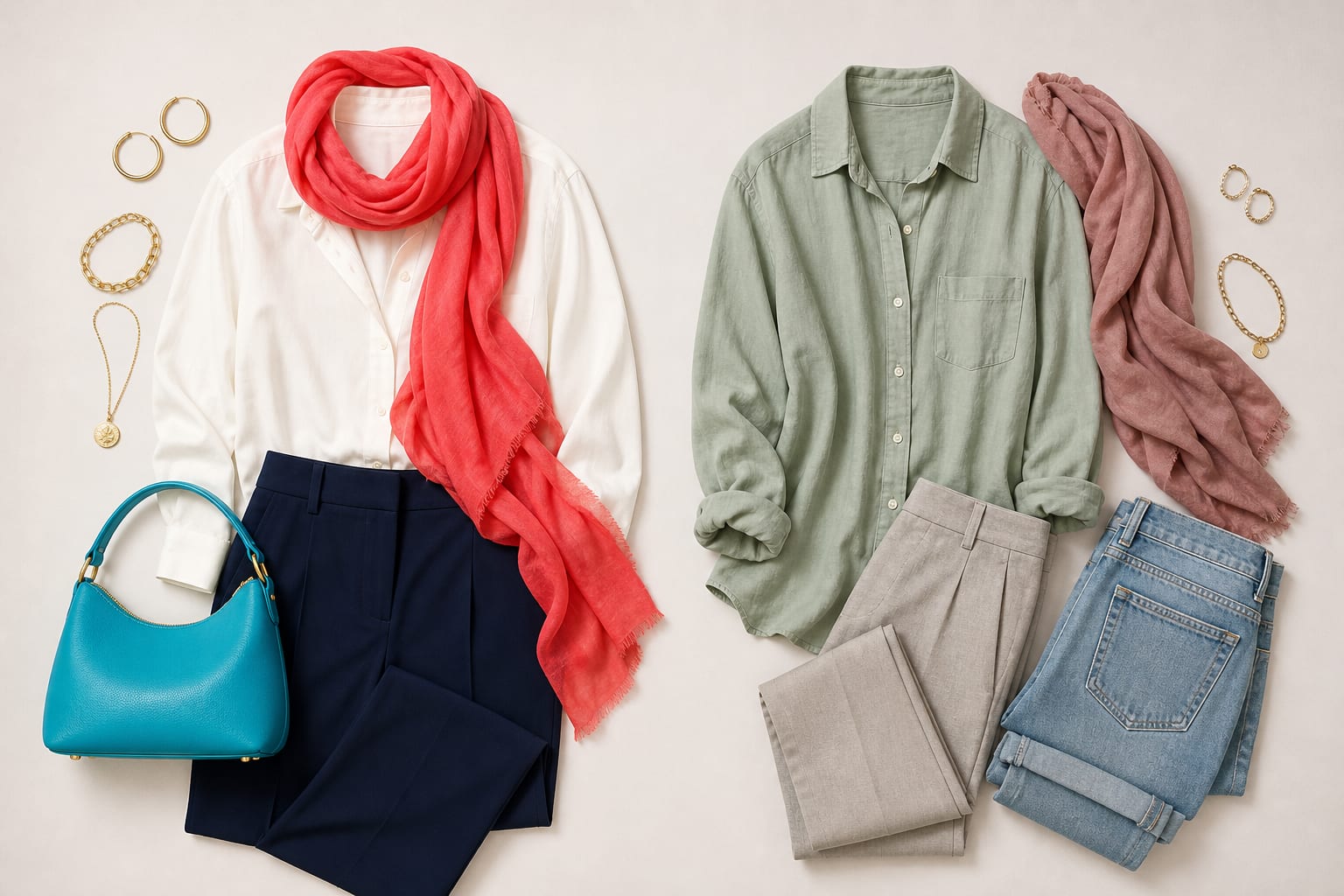 Bright Spring outfit comparison showing clear ivory, warm navy, coral, and turquoise against muted alternatives