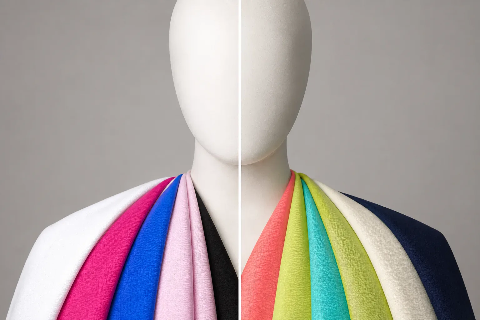 Side-by-side fabric drape comparison showing cool Bright Winter shades on one side and warm Bright Spring shades on the other. Not a personal draping result.