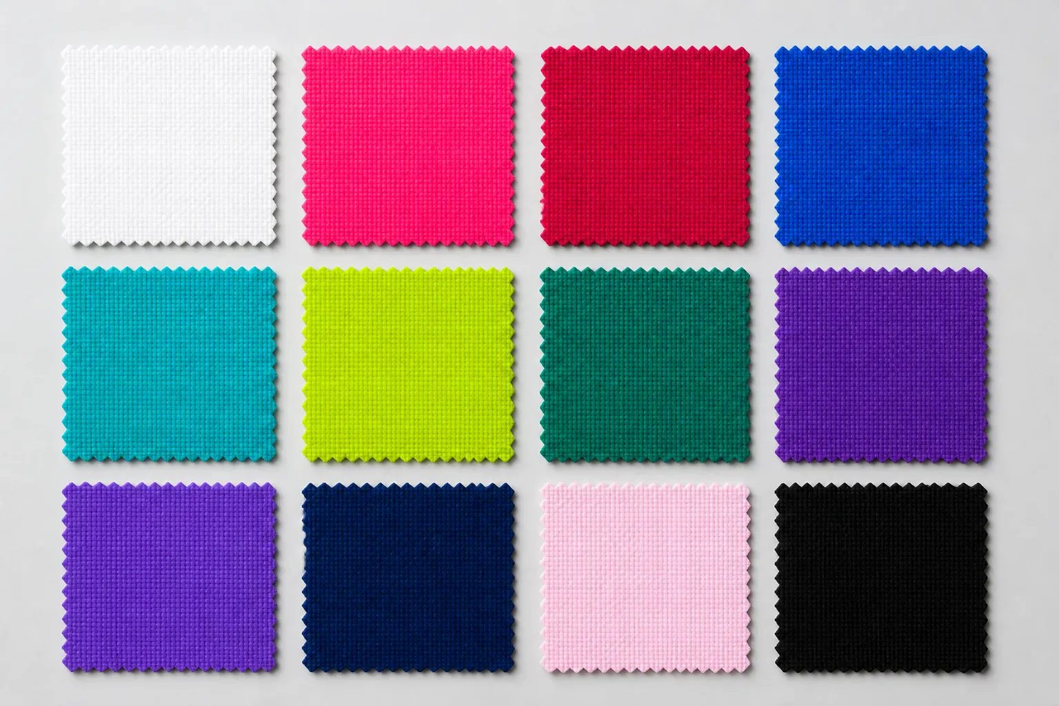 Bright Winter fabric palette board with brilliant white, black, hot pink, raspberry red, electric blue, turquoise, acid green, emerald, violet, navy, and icy pink.