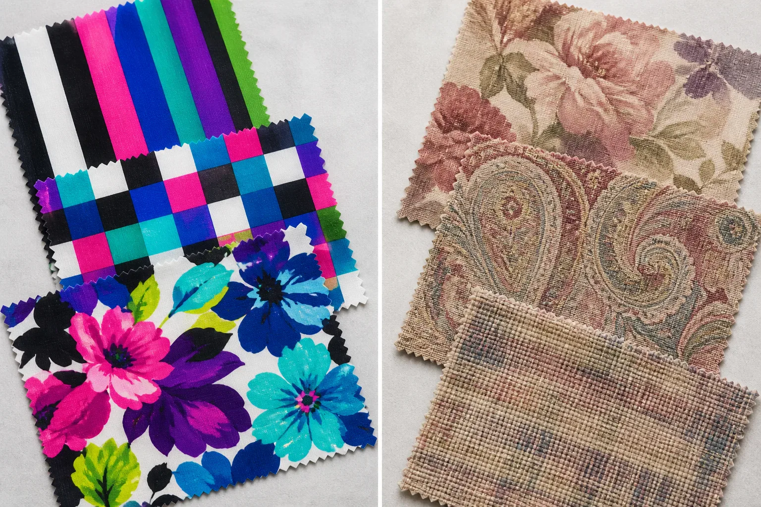 Bright Winter print examples with crisp high-contrast stripes, checks, and florals beside muted warm alternatives.