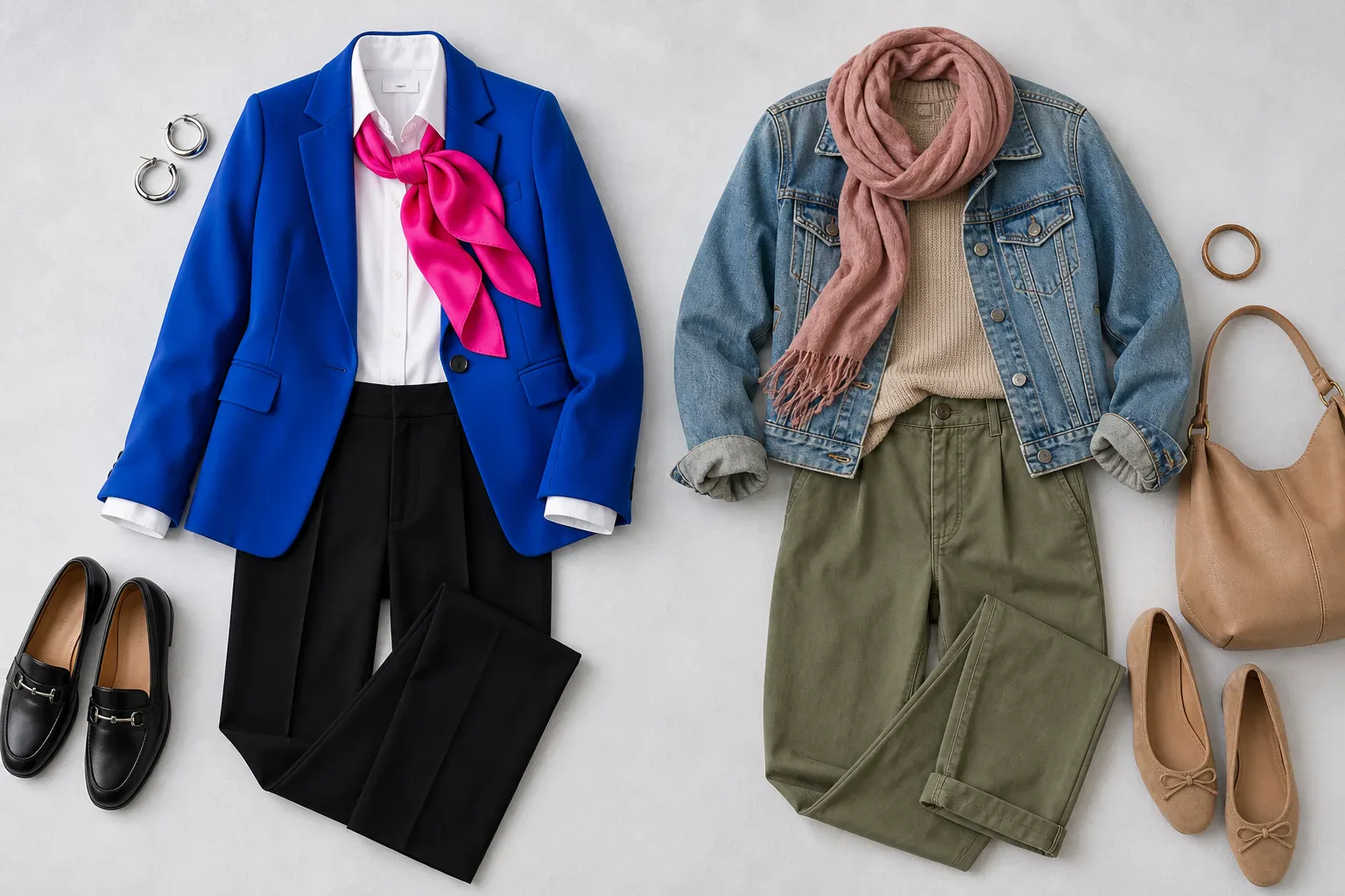 Bright Winter flat-lay outfit in brilliant white, black, electric blue, hot pink, and silver beside muted warm alternatives.