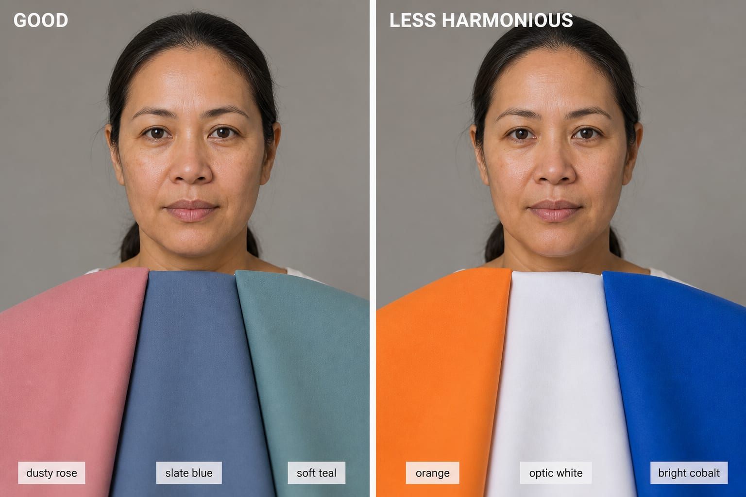 Two-panel Cool Summer drape test: good soft cool fabrics versus orange, optic white, and bright cobalt
