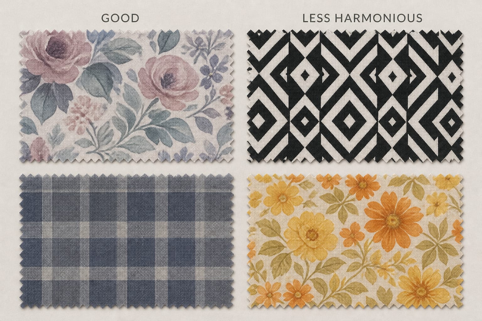 Cool Summer print examples showing softened low-contrast patterns and harsher alternatives
