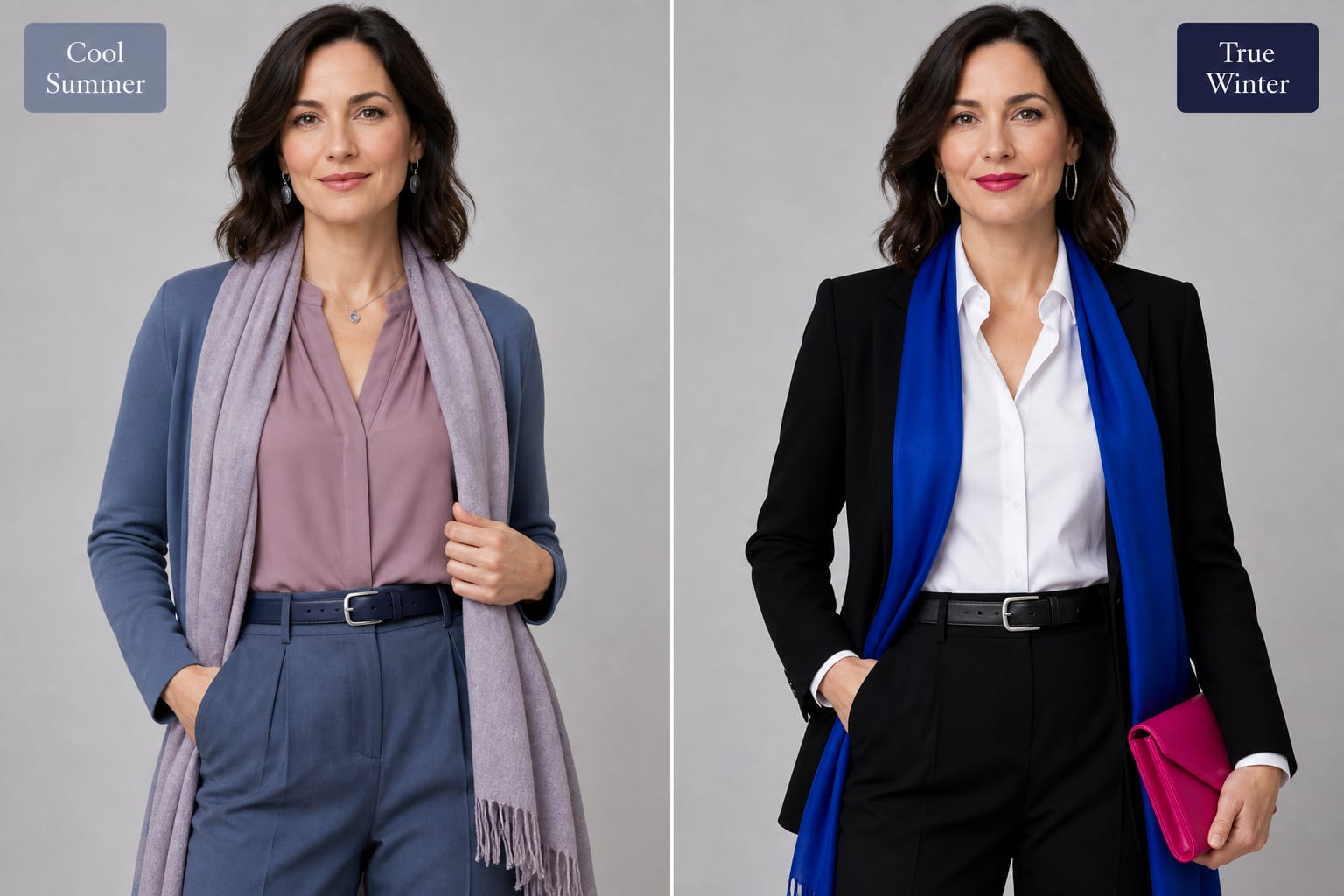 Tonal Cool Summer outfit compared with a high-contrast True Winter outfit