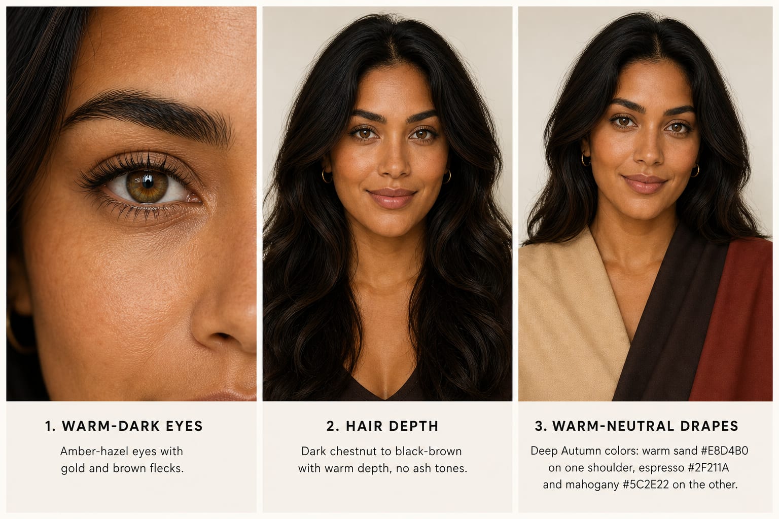 Deep Autumn appearance signals: warm-dark eyes, dark warm hair depth, and warm sand, espresso, and mahogany drapes.
