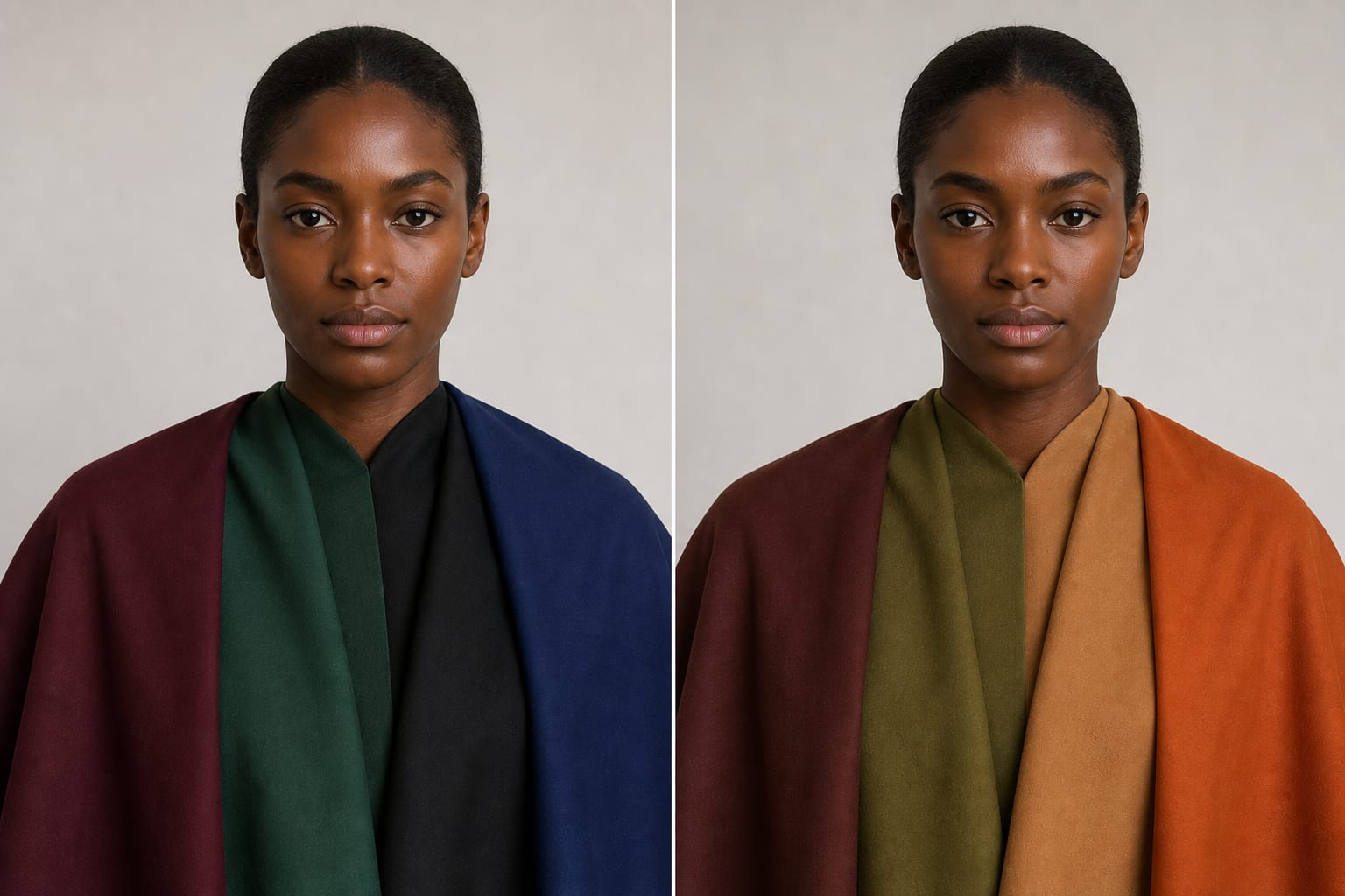 Two-panel Deep Winter drape test comparing cool burgundy, pine, and sapphire with warmer Deep Autumn colours