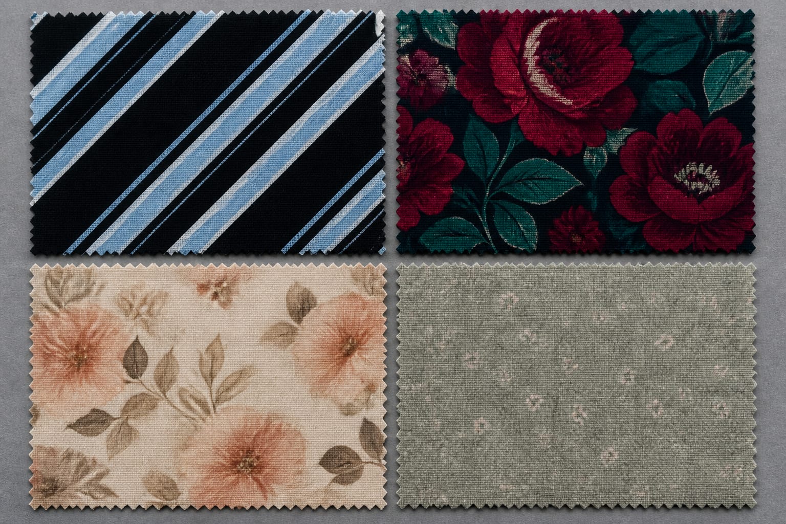 Deep Winter print examples with rich high-contrast patterns and muted warm alternatives to avoid