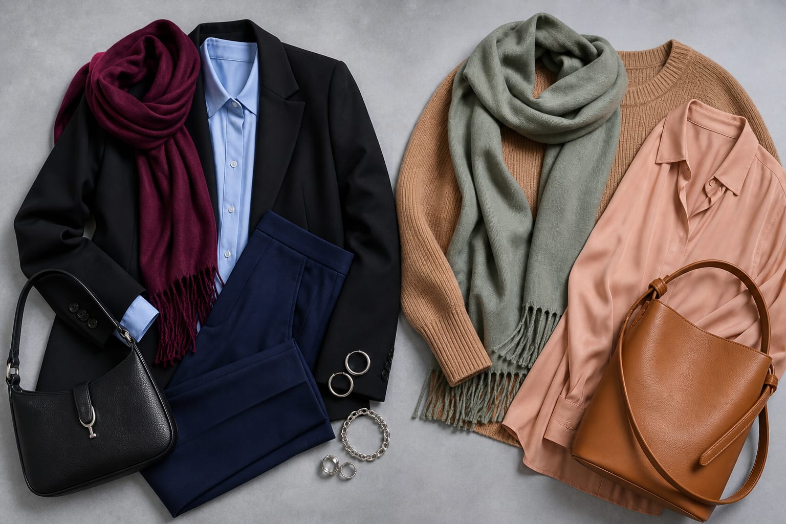 Deep Winter outfit comparison with black, icy blue, cranberry, royal navy, and silver against muted warm alternatives