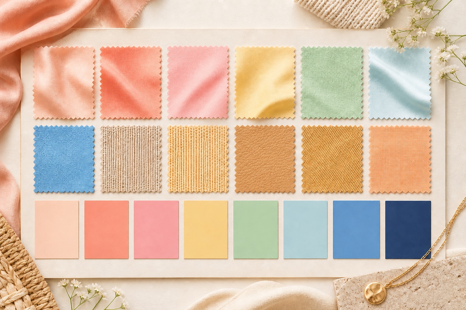 Light Spring fabric and colour swatches in peach, coral, butter yellow, mint, aqua, sky blue, honey beige, and warm navy