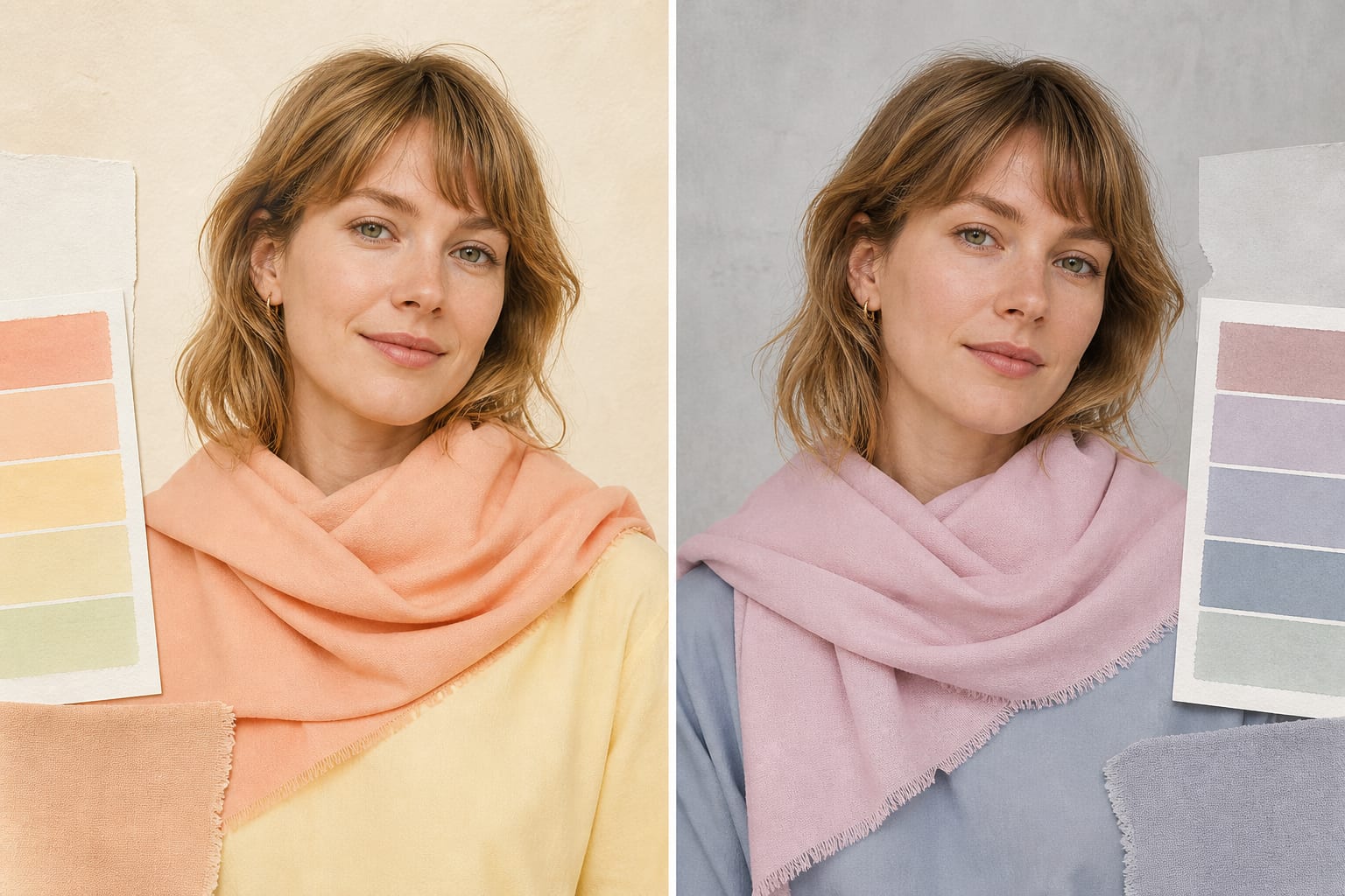 Same model wearing a peach and butter-yellow drape beside a powder-pink and blue-gray drape