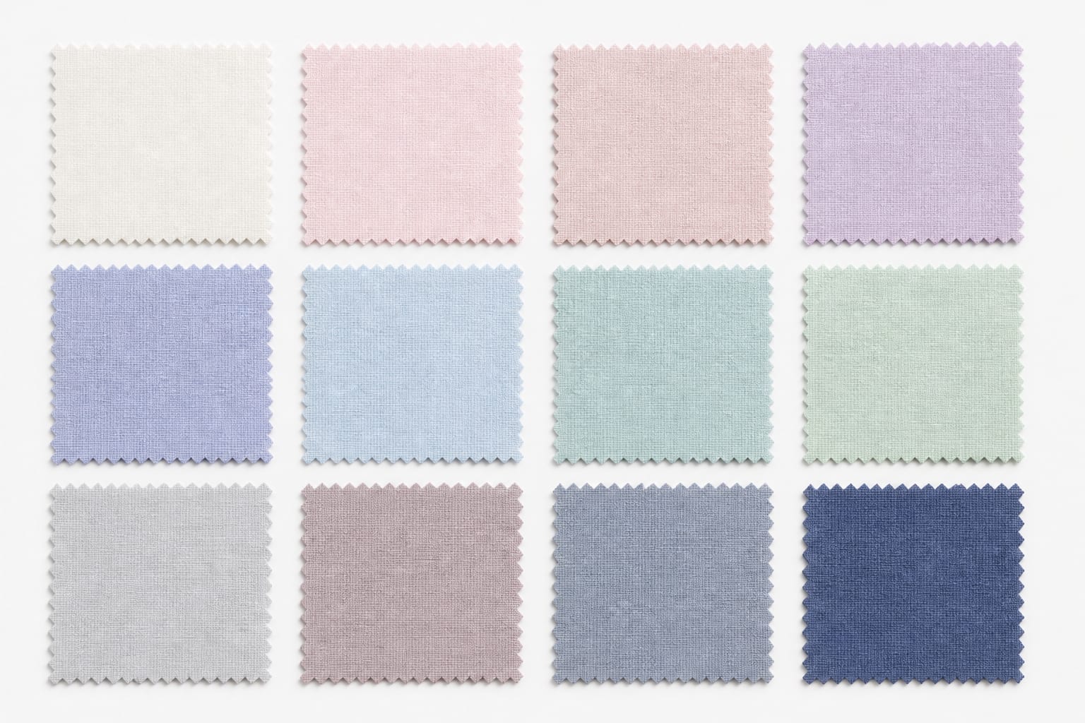 Light Summer fabric palette board with cool off-white, powder pink, rosewater, cool lavender, periwinkle, powder blue, seafoam, cool mint, dove gray, rose taupe, blue gray, and soft navy.