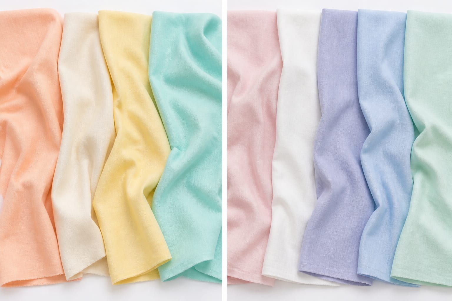 Light Spring and Light Summer fabric comparison with peach, warm ivory, butter yellow, and warm aqua on one side, and powder pink, cool off-white, periwinkle, powder blue, and cool mint on the other.