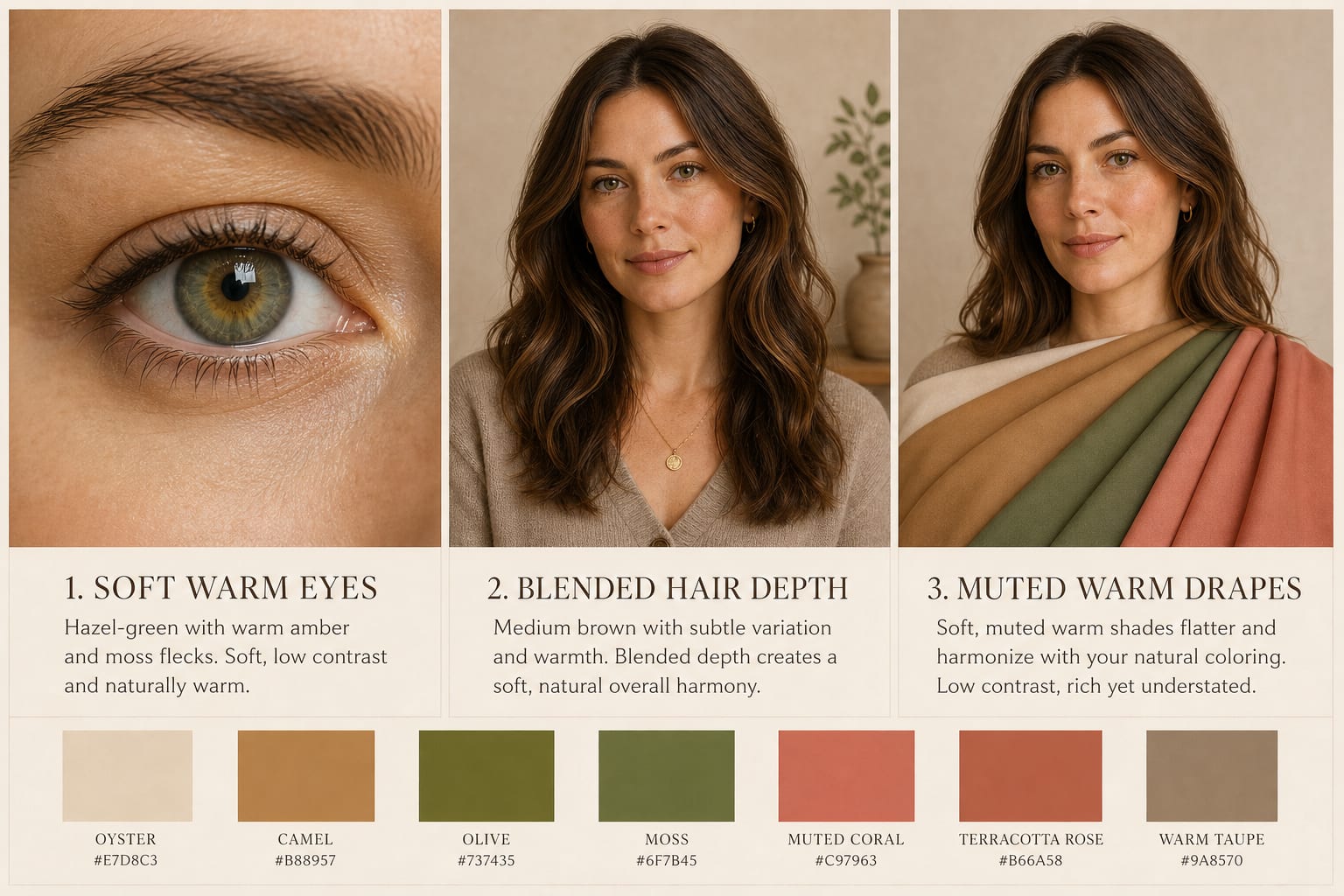 Soft Autumn appearance signals: hazel-green eyes, softly blended medium-brown hair, and muted oyster, camel, olive, and terracotta-rose drapes.