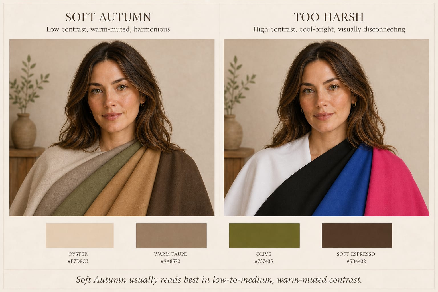 Soft Autumn contrast comparison: muted oyster, warm taupe, olive, camel, and soft espresso drapes contrasted with optic white, black, cobalt, and fuchsia.