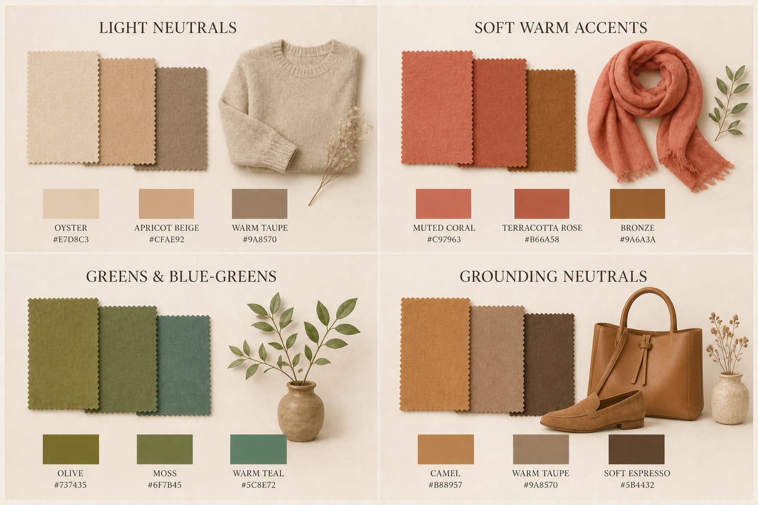 Soft Autumn palette board with light neutrals, muted coral and terracotta accents, olive and warm teal, and camel-to-soft-espresso neutrals.
