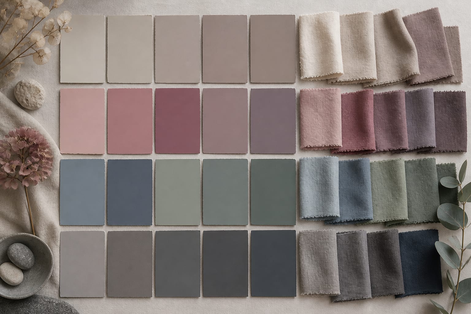 Soft Summer palette board with muted neutrals, rose and plum accents, smoky blues, and smoky greens