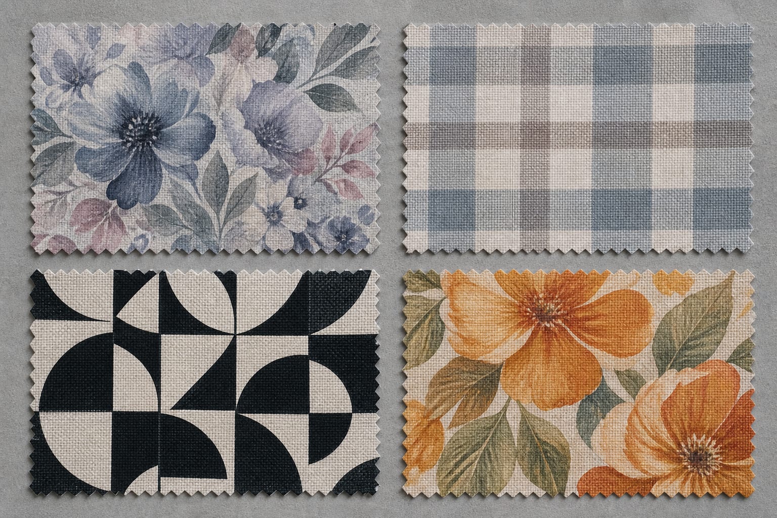 Soft Summer print examples with muted low-contrast patterns and harsher alternatives to avoid