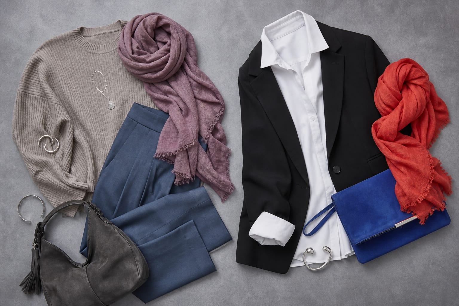 Soft Summer outfit comparison showing tonal mushroom, mauve, and storm blue against harsh black, white, cobalt, and orange-red