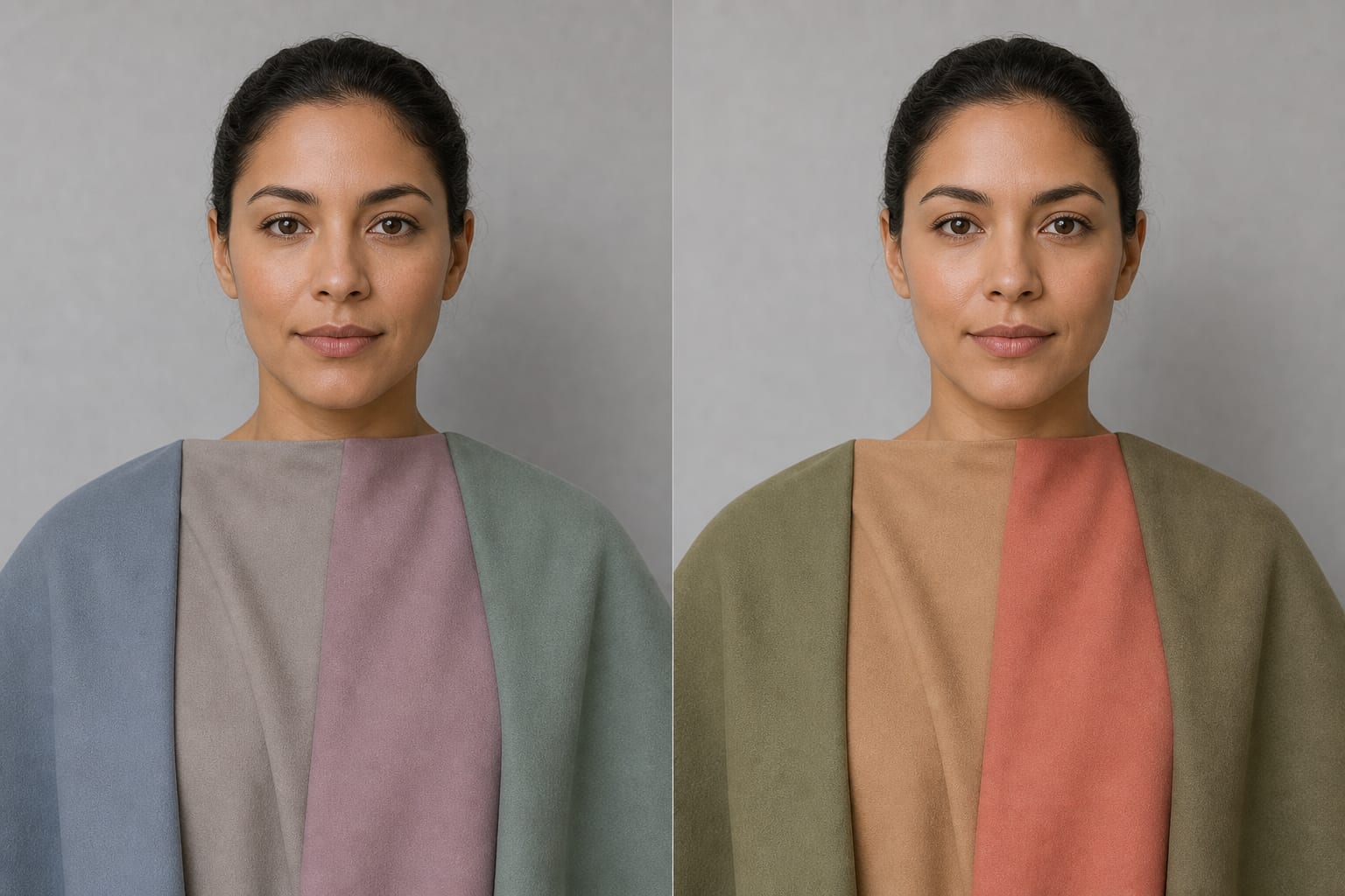 Two-panel Soft Summer drape test comparing blue gray, mushroom, and dusty mauve with warmer Soft Autumn colours