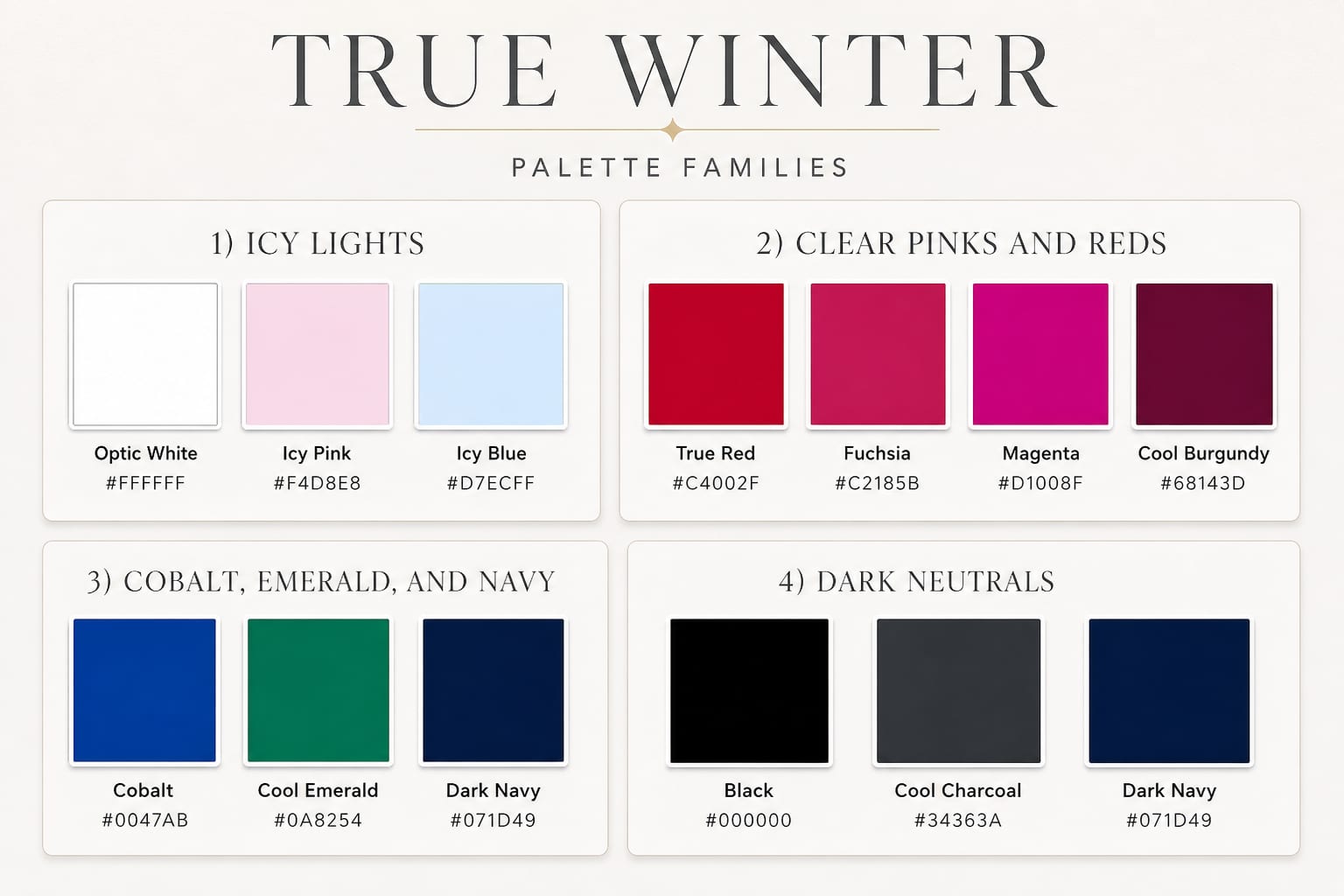 True Winter palette board showing optic white, icy pink, icy blue, clear reds and pinks, cobalt, emerald, navy, black, and charcoal