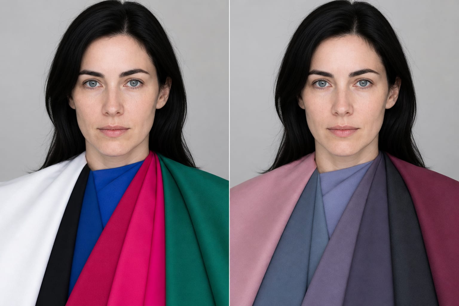Same woman in a controlled drape test, with clear high-contrast True Winter fabrics beside softened Cool Summer fabrics