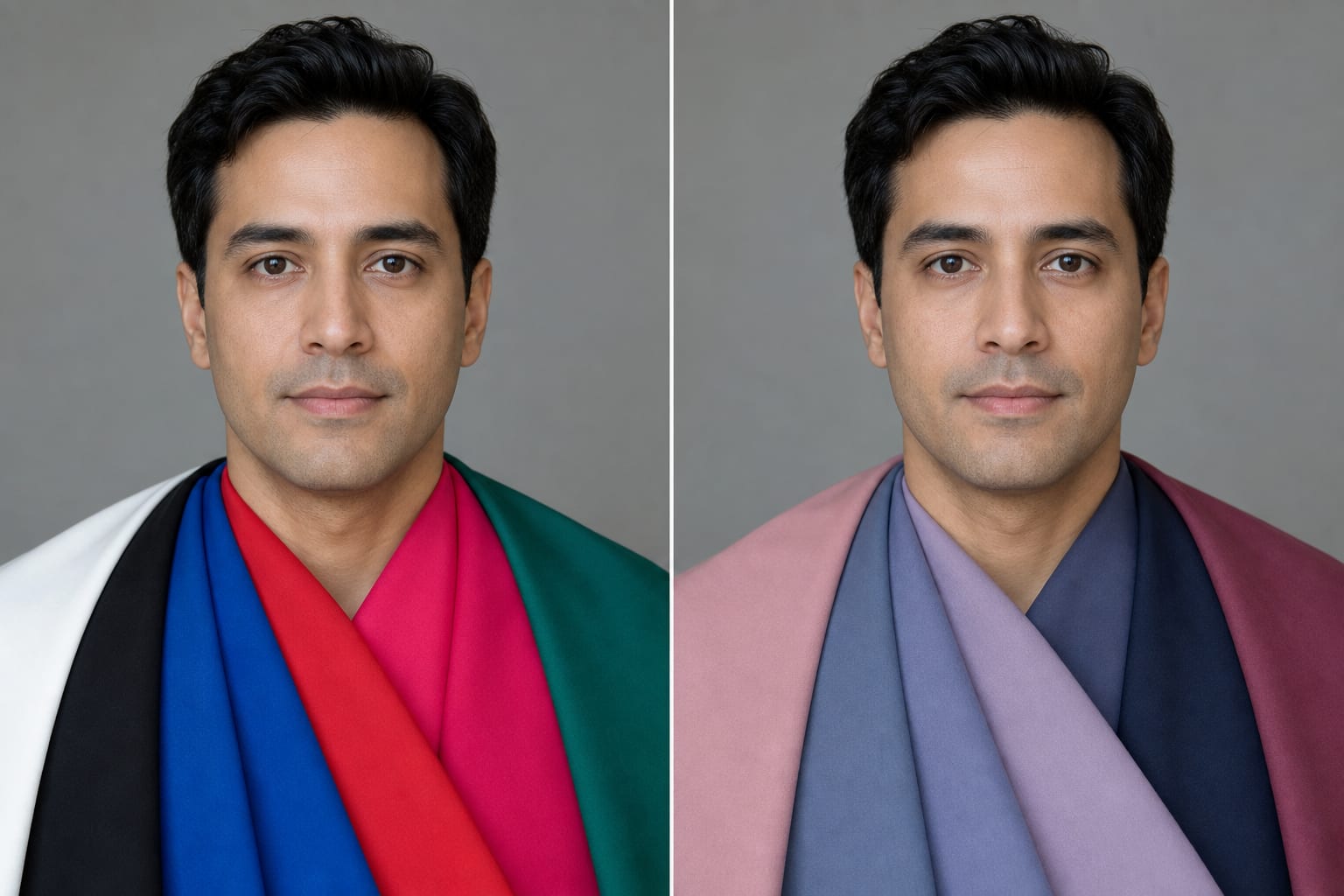 Same man in a controlled facial-drape test, with crisp True Winter colours beside softer Cool Summer colours
