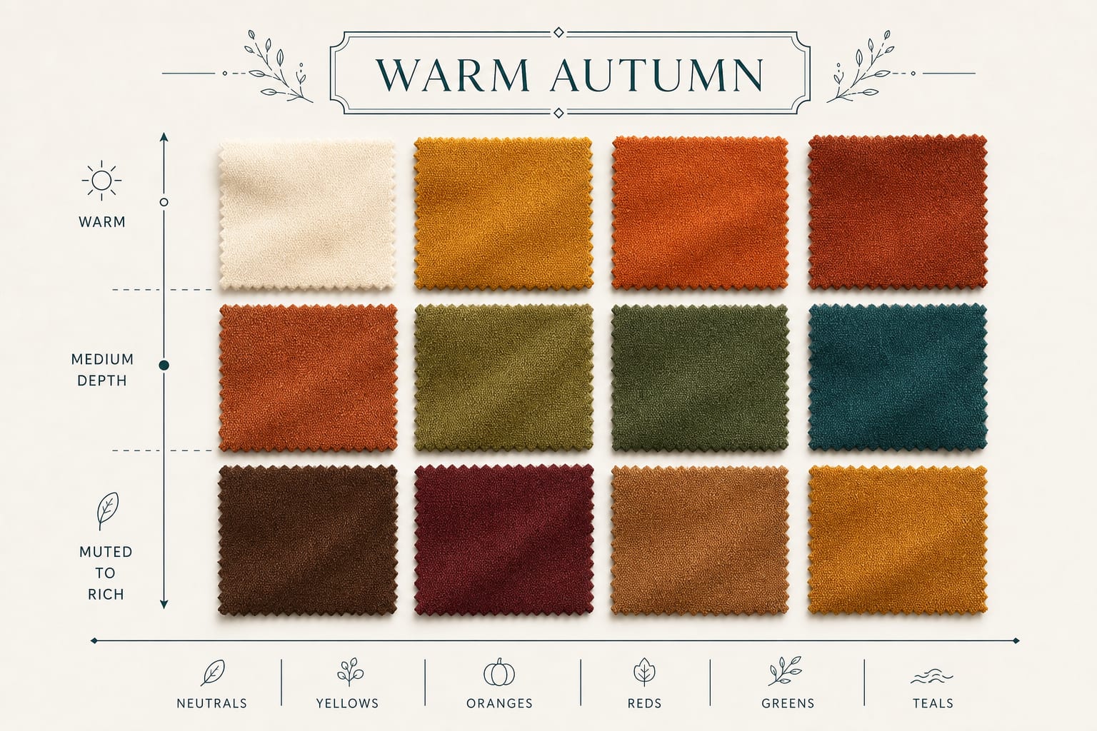 Warm Autumn fabric swatches arranged by colour family, including cream, golden yellow, pumpkin orange, rust, olive, warm teal, chocolate, burgundy, camel, and ochre.