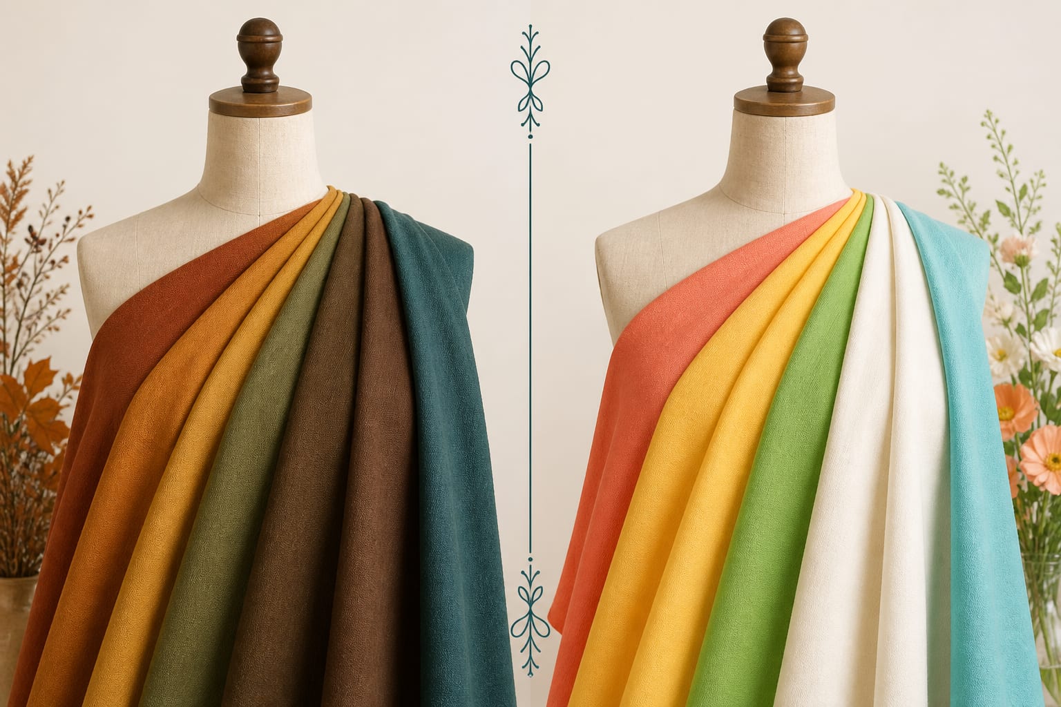 Two dressmaker mannequins draped in seasonal fabrics: rich rust, mustard, olive, chocolate, and warm teal on the left; clear coral, marigold, grass green, cream, and turquoise on the right.