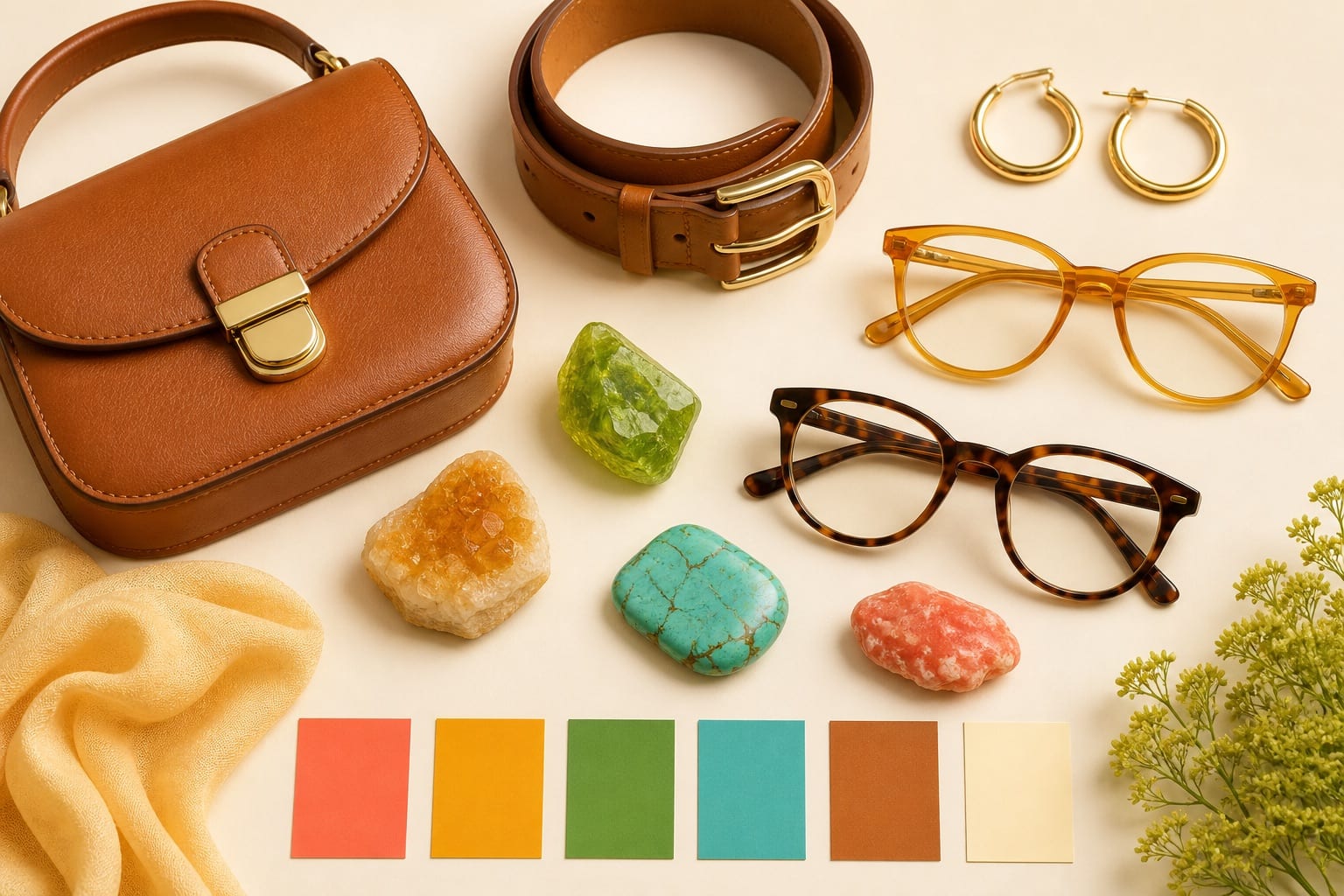 Cognac handbag and belt with gold hoops, amber and tortoiseshell glasses, citrine, peridot, turquoise, coral stones, and True Spring colour swatches