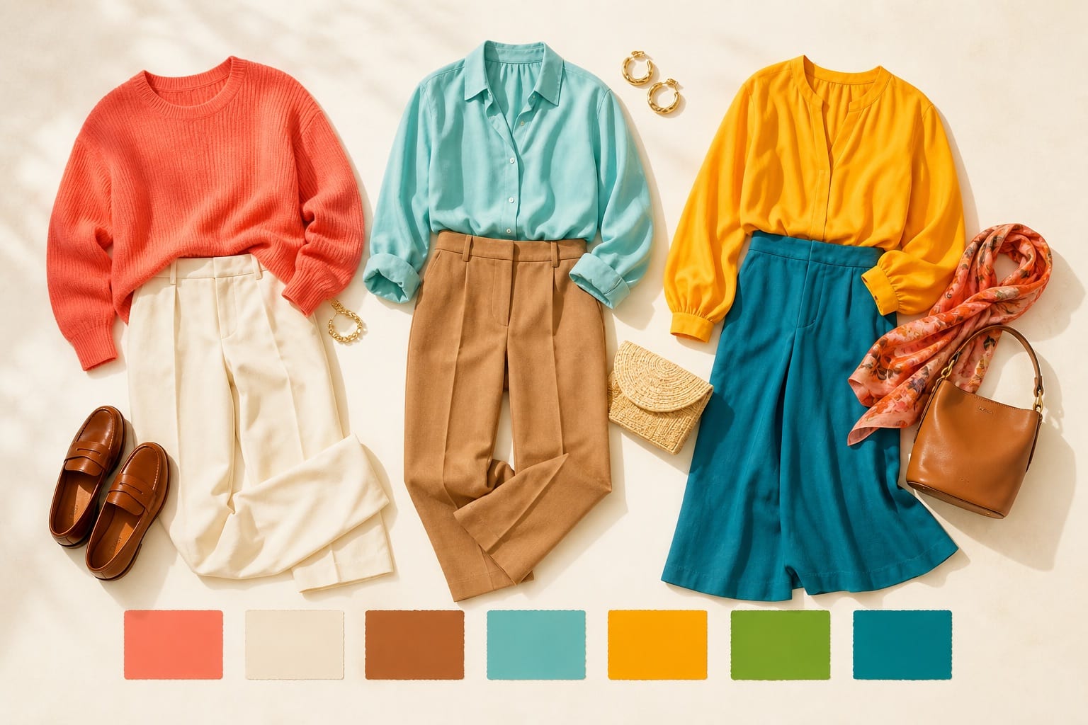 Three flat-lay True Spring outfits: coral with cream, warm aqua with camel, and marigold with deep aqua, plus warm leather and gold accessories