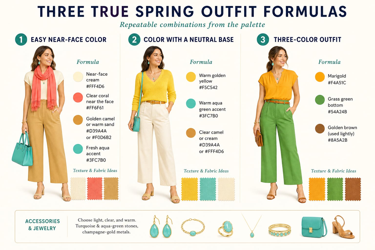 Infographic of three wearable True Spring outfit formulas with near-face color, a neutral-base outfit, and a three-color outfit plus suggested color shades.