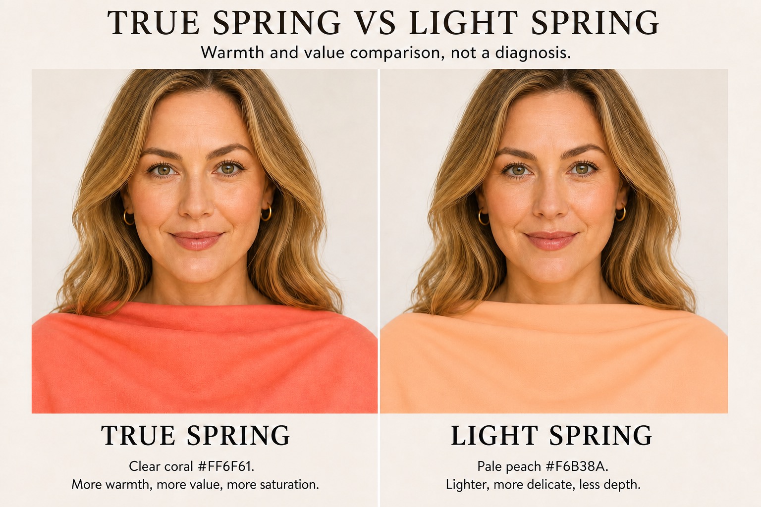 True Spring and Light Spring value comparison showing clear coral beside pale peach on the same model.