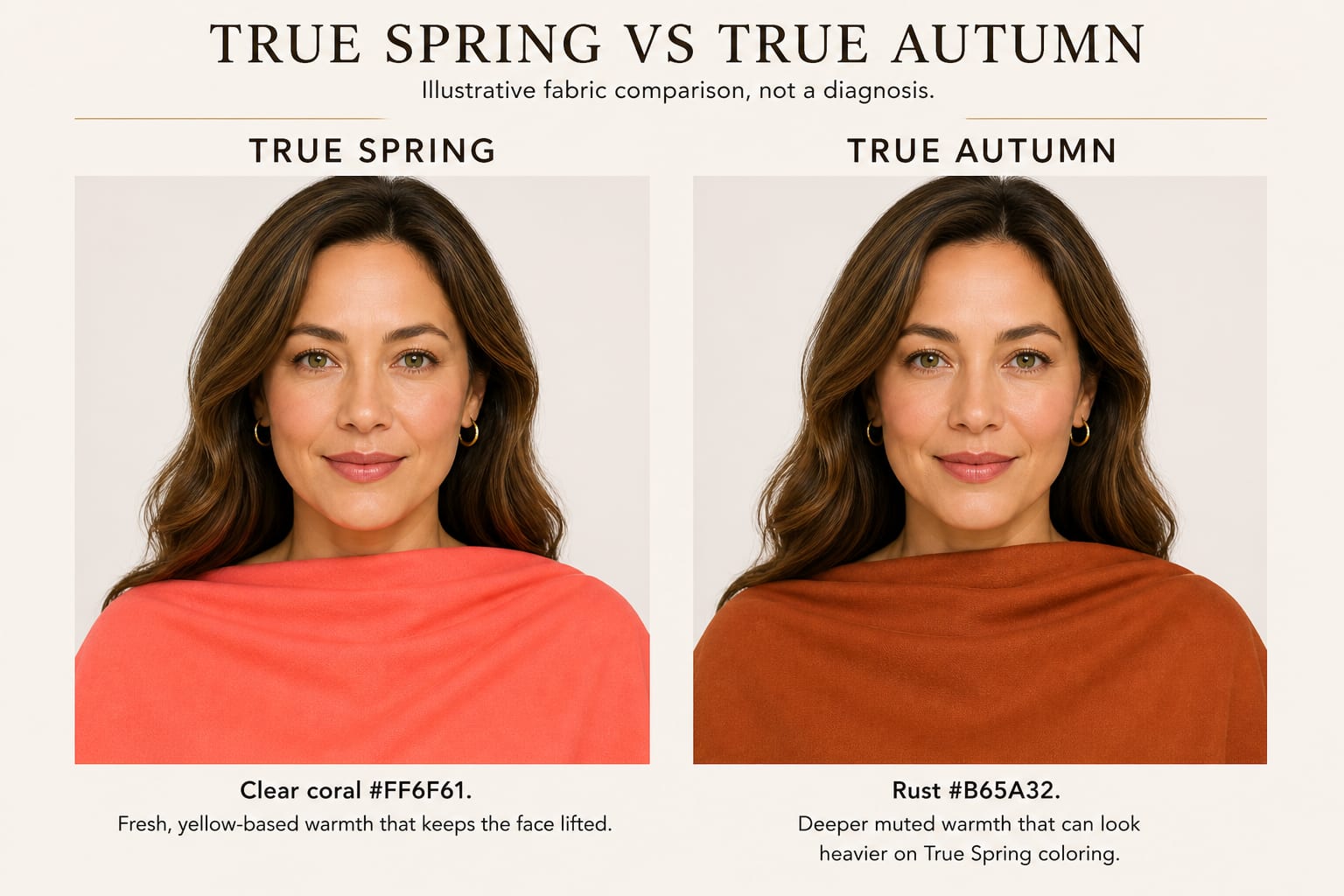 True Spring vs True Autumn drape comparison graphic with a clear coral drape next to a rust drape, showing the fresher side for True Spring.