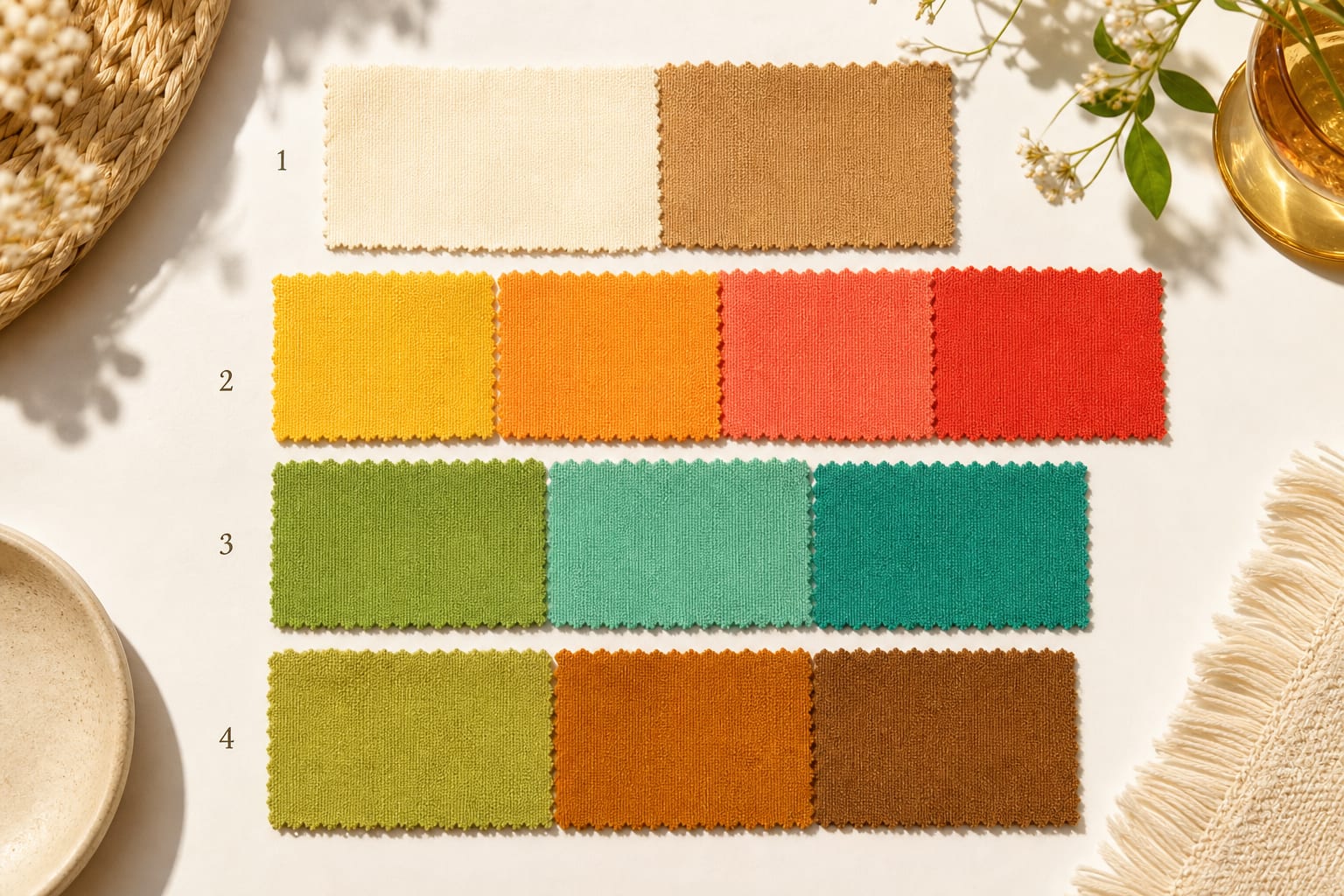 Warm Spring palette grouped into clear warm neutrals, corals, greens, aqua, and golden browns